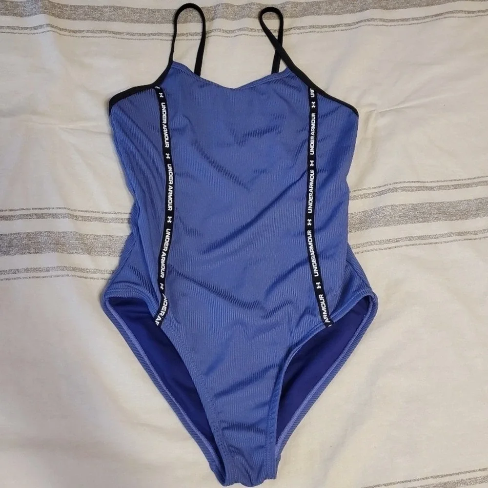 Under‎ Armour Logo-Trim Ribbed One-Piece Swimsuit Purple UPF 30+ Youth SZ:12